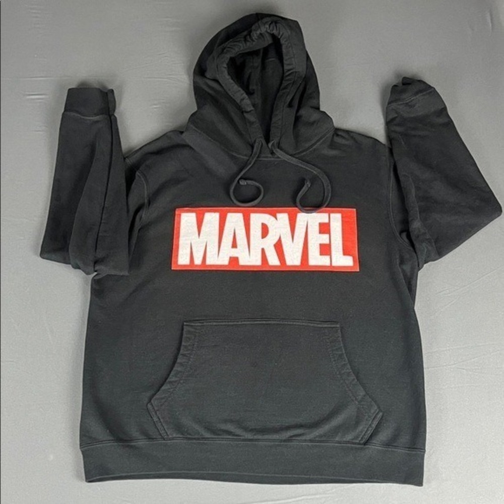Marvel Hoodie Mens L Black Graphic Box Logo‎ Pullover Sweatshirt